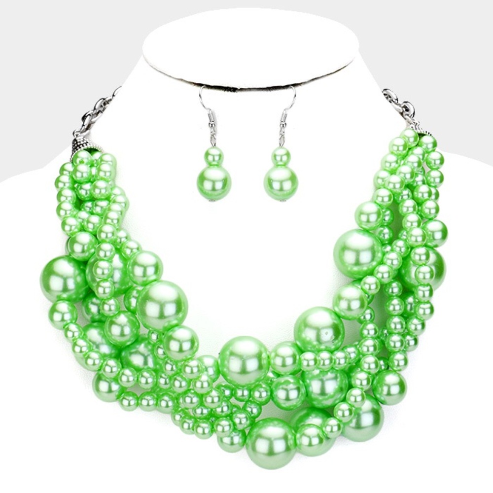 Lime green multi strand pearl necklace set